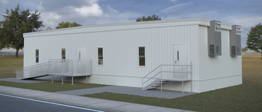 A rendering of a double-wide featured Modular for healthcare buildings with an all white exterior