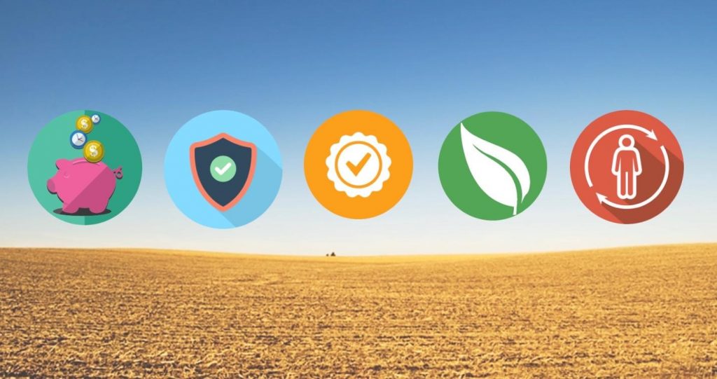 Panoramic image of The Great Plains with 5 icons inserted for time savings, safety, quality, environmentally conscious, and adaptability