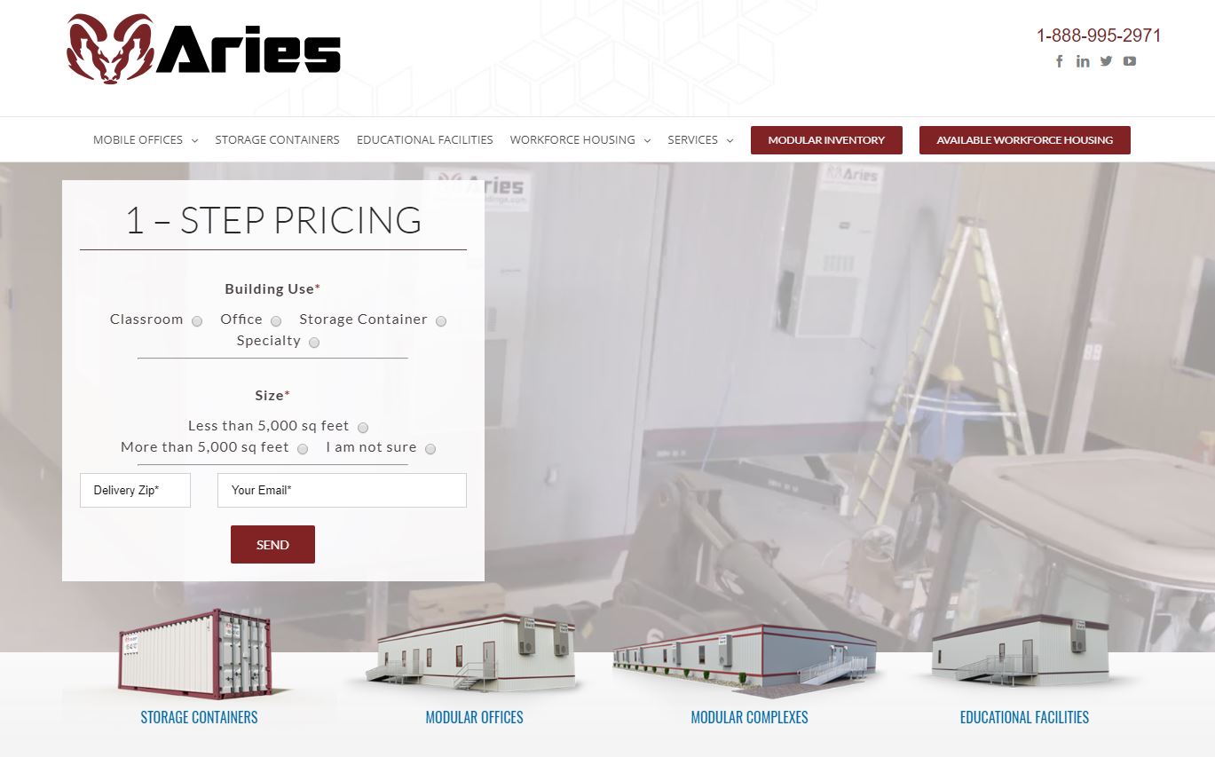 A screenshot of the homepage of the new-and-improved Aries website, showing off their new 1-step pricing system, as well as images to their most popular products.
