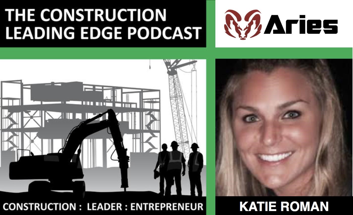Graphics-based image showing silhouettes of workers on a construction site, next to a headshot of Katie Roman, a young blonde woman.