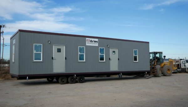 A shot of a portable office building from Aries, ready to be transported.