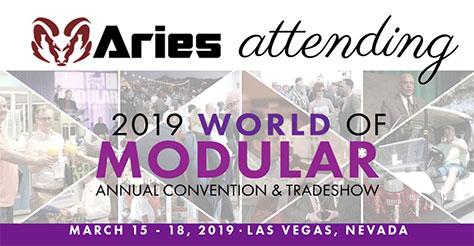 Photo montage of people enjoying themselves and networking at The World of Modular Annual Convention & Tradeshow with the words “Aries attending” and “March 15-18, 2019 • Las Vegas, Nevada”