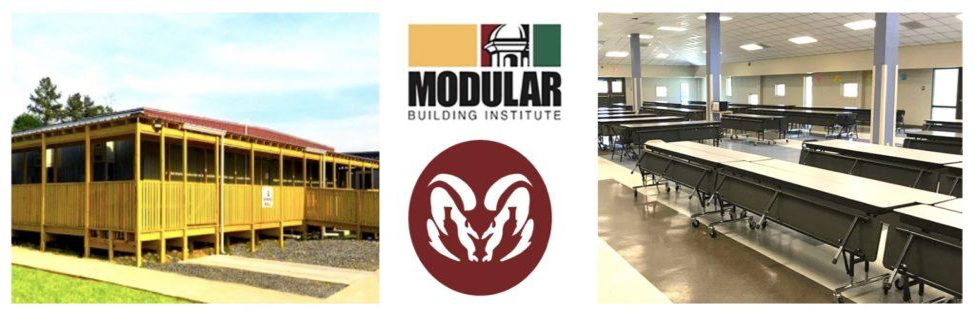 A set of three images horizontally oriented. First one is a rectangular, wooden modular building with ramp and a long rectangular covered porch edged by a chest-high, wooden railing standing on a gravel foundation on a sunny day as pine trees appear in the background. Second, the Aries Ram’s head logo inside of a red circle underneath the text “Modular Building Institute.” And finally, the inside of an empty modular building with three columns where a dozen long rectangular desks on wheels with attached foldable benches are lit by interior lighting and sunlight filtering through multiple rectangular windows.