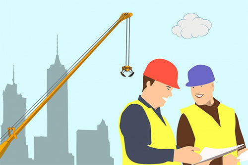 A cartoon showing the grey outline of tall buildings in front of a blue sky with a single grey cloud, and two yellow vested men with hard-hats and long-sleeved shirts discuss a chart while a yellow crane with a claw attachment rises behind their backs.