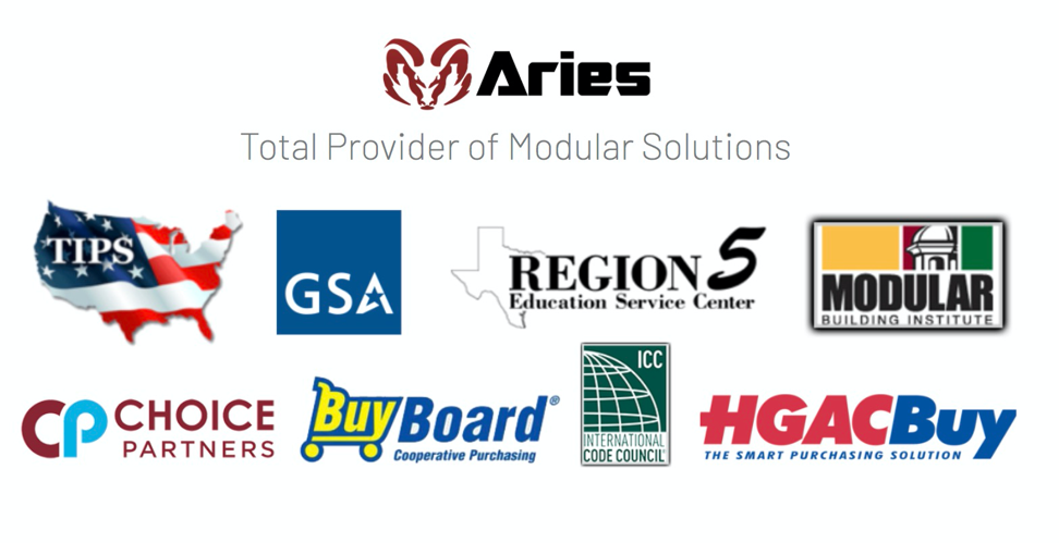 The following official company logos under the words “Aries, Total Provider of Modular Solutions” – TIPS, GSA, Region5, Modular Building Institute, Choice Partners, Buy Board, ICC, and HGAC Buy.