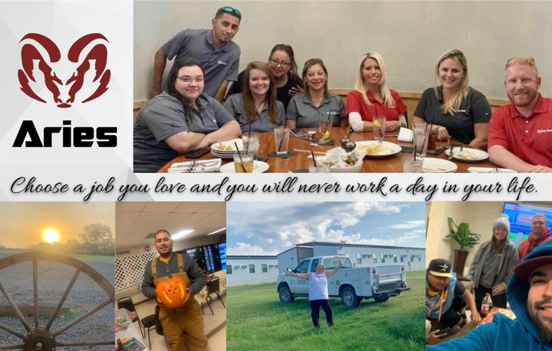 A picture collage of various scenes of happy Aries team members with the words “Choose a job you love and you will never work a day in your life” and the official Aries ram head logo to the left of the montage.