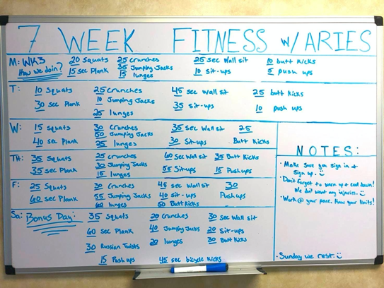 A closeup shot of a whiteboard with the words ‘7 WEEK FITNESS WITH ARIES” written up at the top, followed by a weekly workout schedule suggested by the folks at Aries.