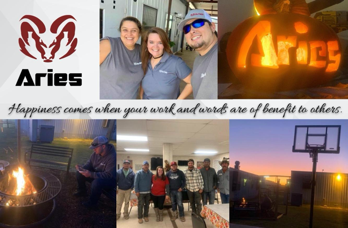 A picture collage of various scenes of happy Aries team members with the words “Happiness comes when your work and your words are of benefit to others” and the official Aries ram head logo to the left of the montage.