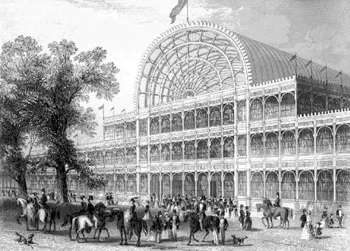 A grey-scale drawing of a long rectangular building, the center of which rises to a large cylindrical dome with a flag waving in the wind on top, and, in front of the building, congregate men and women on horses and on foot. The men are wearing top-hats and the women long dresses as a couple dogs and children walk around.