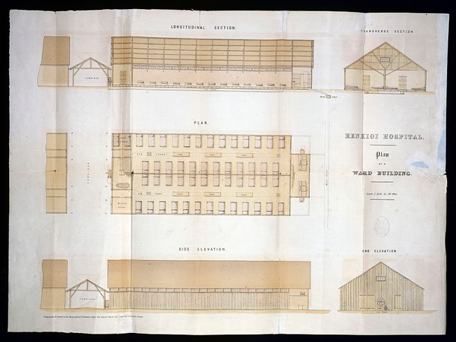 The blueprints for a long rectangular building with a gable roof and rows of hospitals beds can be seen from the top, side, front, and back angles and labels, the largest of which says Renkioi Hospital.