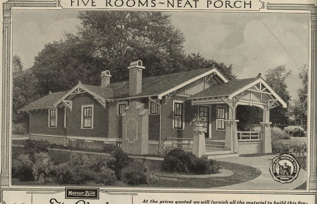 A grey-scale sketch with the title “five rooms Neat Porch” that shows a yard and curved walkway leading up to a house with an elegant, elevated front porch, chimney, and various windows running along its corrugated length. It sits in front of tall, bushy trees.