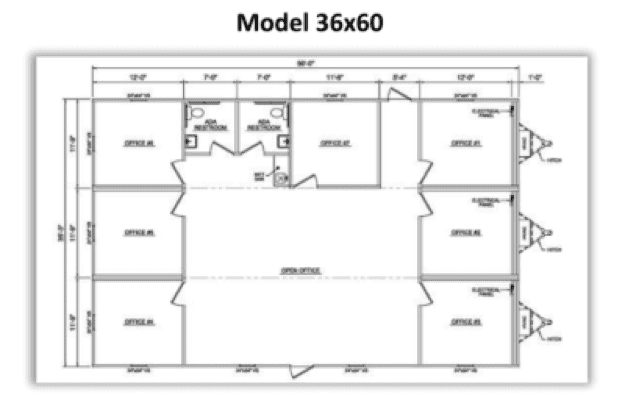 A floor plan of Aries Model 36x60 portable classroom model: a large gathering area in the middle, with small rooms to the sides.