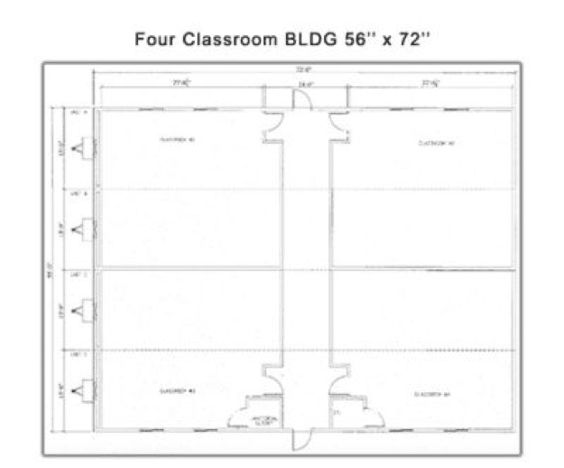 A floor plan of Aries Model Classroom Building 56” x 72.” Four large classroom areas conjoined as one large multipurpose modular space.