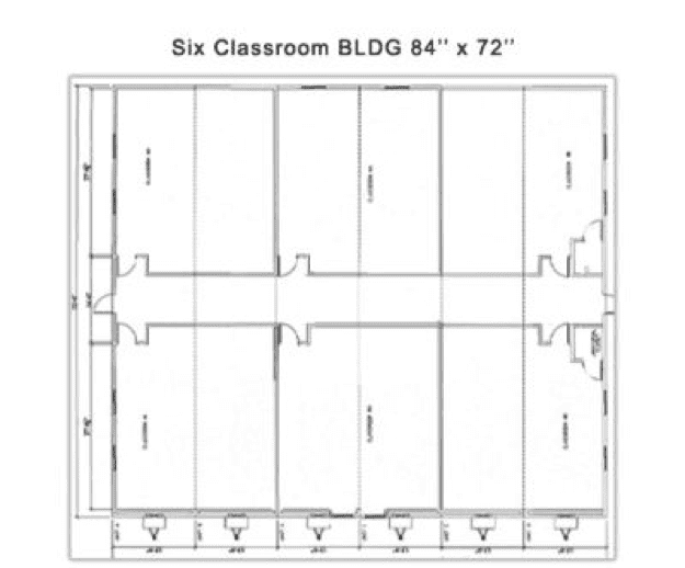 A floor plan of Aries Six Classroom Building 84” z 72.” Six conjoined classrooms, three on each side, with a hallway down the middle.