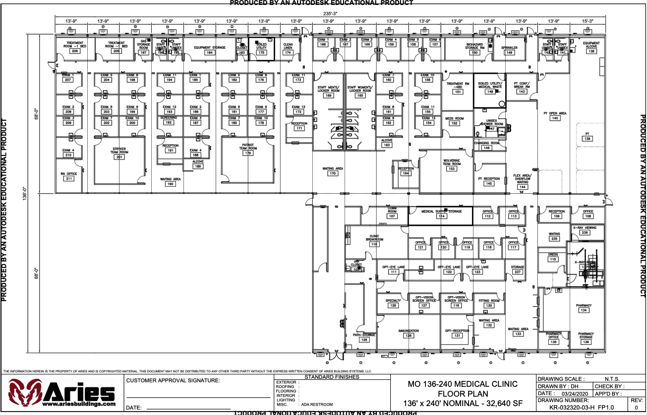 The floor plan of a modular complex that spans 136′ X 240′ 32640 SF, with space for 50+ beds and an administration area.
