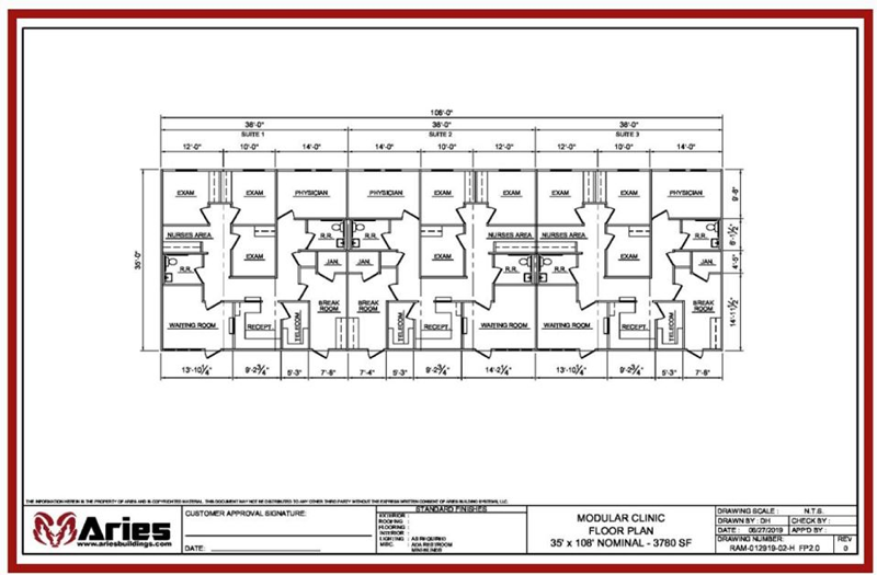 The floor plan of an Aries medical clinic, a modular complex at 35′ X 108′, 3780 square feet.