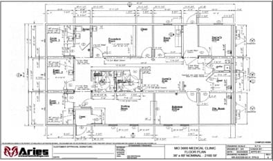 The floor plan of a 60’ x 36’ 2160 SF modular complex, with space for 3 exam rooms, a procedure room, a break area, a doctor’s office, file room, business, office, waiting room, nurse’s area, closets, and restrooms.