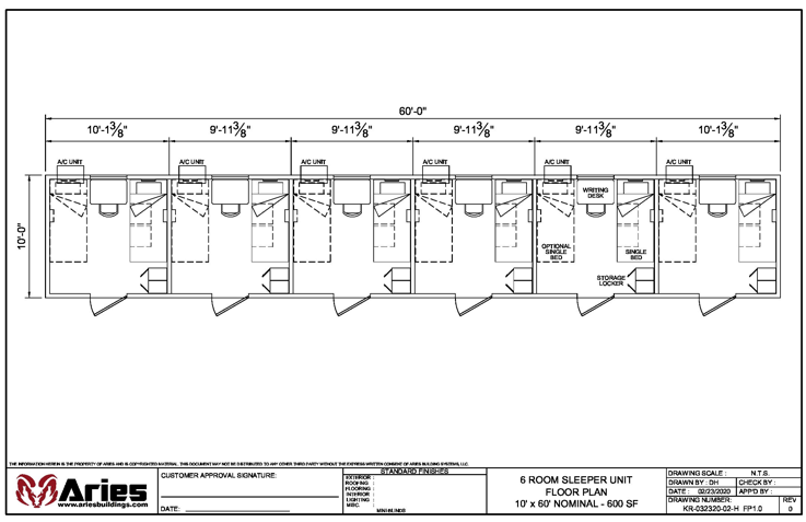 The floor plan image of a modular housing six sleeper unit, 10’ x 60’, 600 square feet; each bedroom is about 10’ x 10’. 