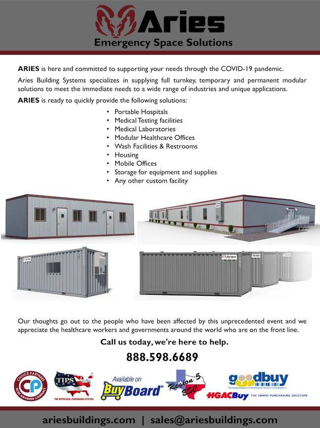 Digital poster highlighting Aries’ emergency building offerings available during the COVID-19 pandemic, with their phone number (888-598-6689) and various certifications and partnership logos.