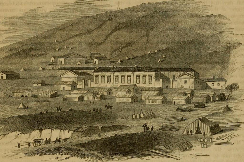 A detailed sketch of Renkioi Hospital showing a large building with multiple wings surrounded by smaller square buildings with gable roofs in rows, a few larger buildings, and several tents all at the base of a large mountain while people on horses move about.