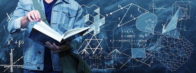 A rectangular picture, in shades of blue, which shows a blackboard with geometric figures and diagrams in front of which is the torso of a student wearing a denim jacket and blue shirt holding a large, open book in their hands.