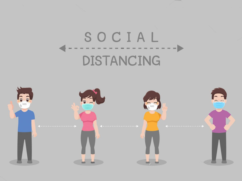 A graphic that illustrates social distancing: four masked students standing at a distance from one another, with arrows in between them; at the top is the phrase, “Social Distancing,” with an arrow separating it. 