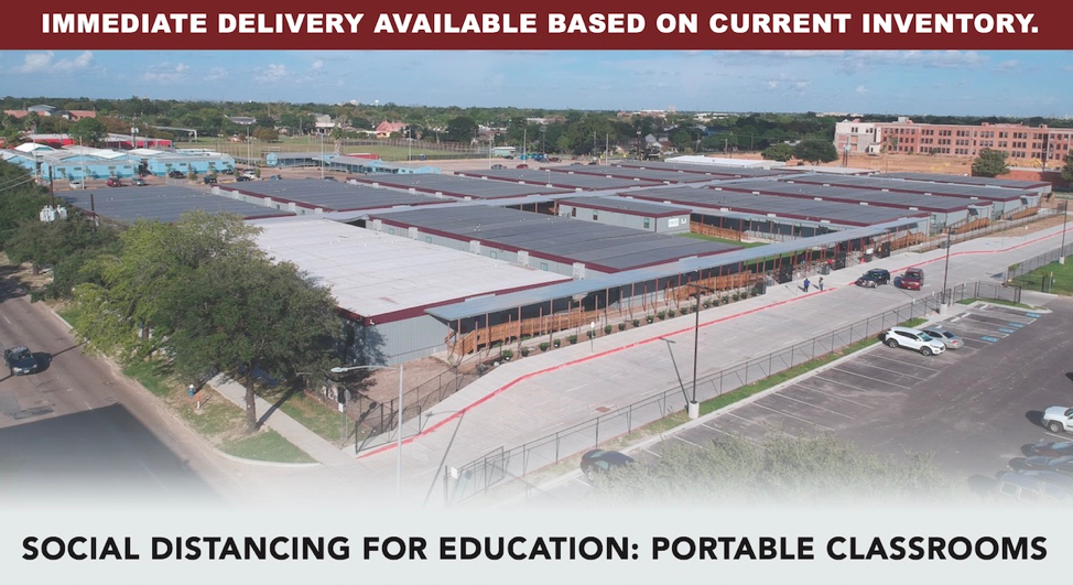 A beautiful aerial view of one of Aries’ award winning portable classroom campuses consisting of over twelve large grey and burgundy modular complexes at Austin ISD in Houston, Texas on a sunny day. 
