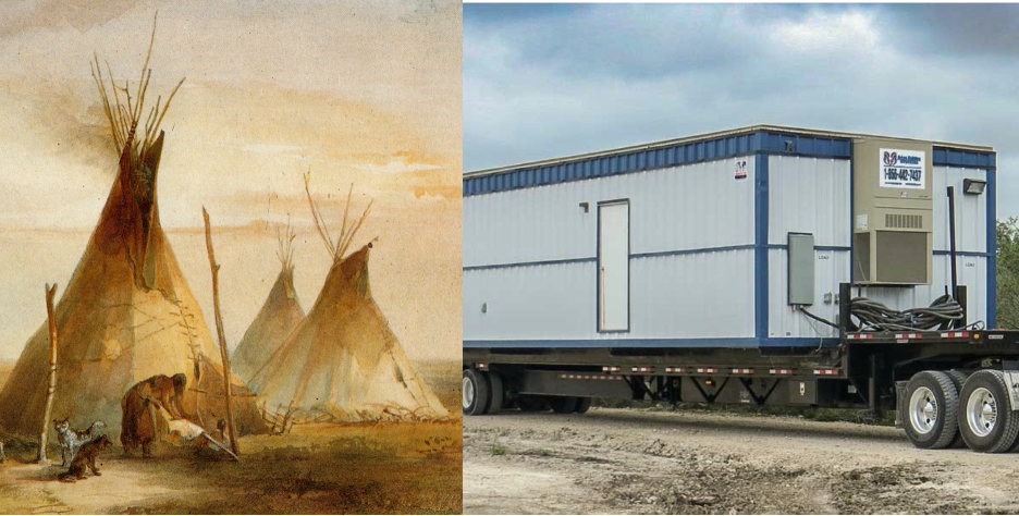 Left picture, oil painting of Native American teepees, Right picture, an older model Aries modular building being delivered by truck.