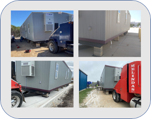 A photo montage showing modular leader Aries’ modular offices which meet customer needs, as can be seen in the four pictures highlighting rectangular, ash-grey mobile offices with air conditioning units mounted on the end, being pulled by a truck, as they are relocatable, or already placed down on concrete blocks. 