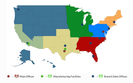 A color-coded U.S. map illustrating the various locations and regions of Aries’ main offices, modular building manufacturing facilities, and branch sales offices.
