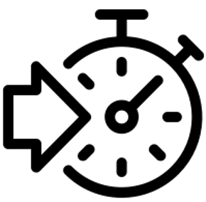 An icon in thick black lines of a round stopwatch with two buttons coming out of the top and an arrow pointing to the hand inside the stopwatch.