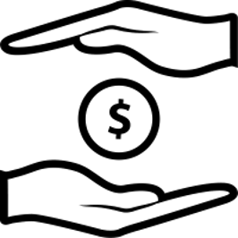 A graphic of two hands comprised of simple black lines and a white background, one hand cupped upwards and one cupped downwards, frame a round coin with a dollar sign in the center.