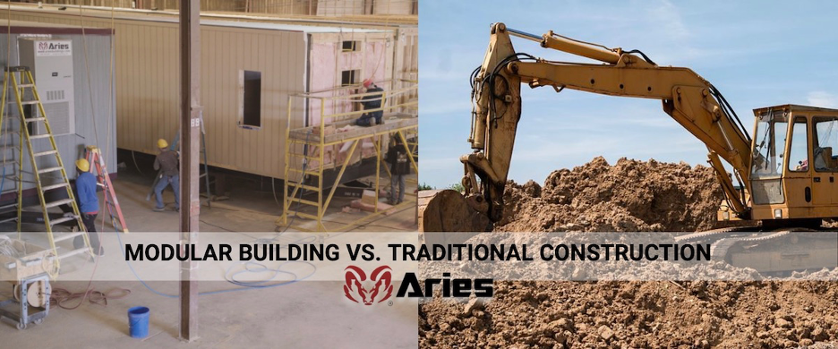 Two images side by side. The image on the left showing Aries’ indoor manufacturing facility in Troy, Texas, as 3 workers in hard hats work on the exterior of 2 modular buildings. On the left, a traditional construction site in the midday sun favoring an excavator digging dirt into a large pile.