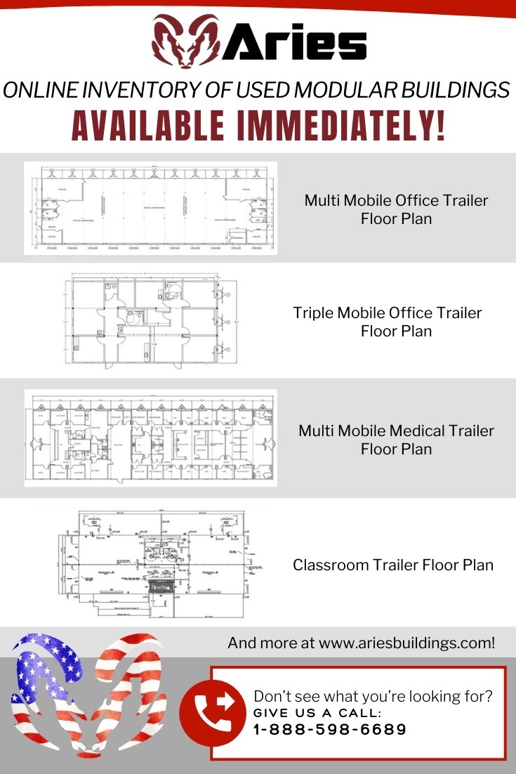 : Large infographic tittles “Aries Online Inventory of Used Modular Buildings Available Immediately” showcasing the following floorplans: multi mobile office trailer, triple mobile office trailer, multi mobile medical trailer, and classroom trailer. At the bottom it reads, “Don’t see what you’re looking for? Give us a call: 1-888-598-6689”