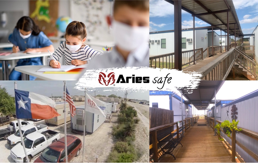 A four-picture collage, in the center of which is the Aries ram logo and the words “Aries safe”. The top left photo has three children wearing face masks and sitting at desks far apart in a classroom; the top right photo shows a covered walkway with stairs leading to modular buildings; the bottom left photo shows vehicles parked under 3 flagpoles in front of a sales yard with rows of modular buildings; the bottom right photo shows a covered walkway between modular buildings with some plants and a bench to create an outside place to rest in the shade. 