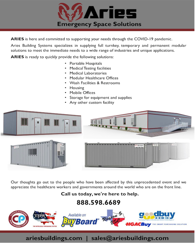 An infographic showing various pictures of Aries portable buildings, and text highlighting Aries’s response in supplying safe spaces to accommodate necessary responses and solutions to the COVID-19 pandemic. 