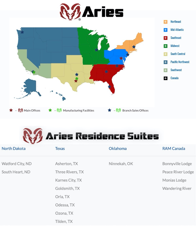 Top image – a colorful map of the United States showing Aries’ main offices, modular building manufacturing facilities, and branch sales offices. Bottom image – Aries Residence Suites’ list of workforce housing locations in North Dakota (2), Texas (8), Oklahoma (1), and Canada (4).