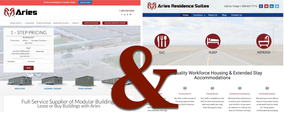 The home pages of ariesbuildings.com and ariesresidencesuites.com, with “Aries maroon” colored ampersand connecting the two images.