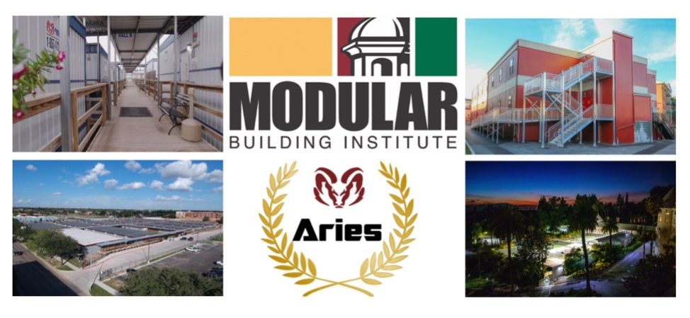  Image collage of four photos of a modular network of temporary buildings, a more permanent, two-story modular building painted dark orange, an aerial shot of many modular buildings on a campus, and an aerial picture of a community in the early evening. The Aries logo and another logo that reads, “Modular Building Institute” are centralized amidst the photos.
