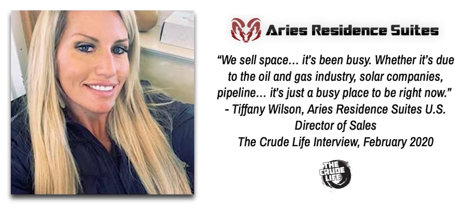 An image of Tiffany Wilson, Aries Residence Suites’ U.S. Director of Sales presented next to a quote, “We sell space… it’s been busy. Whether it’s due to the oil and gas industry, solar companies, pipeline… it’s just a busy place to be right now.” 