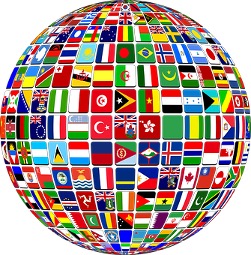 A graphic circle representing the globe has little square flags from all over the world in rows on its surface.
