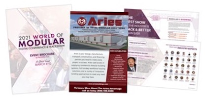Three “digital brochure” pages: 2021 World of Modular event brochure, Aries “Provider of Total Modular Solutions,” and WOM’s guest speaker lineup.