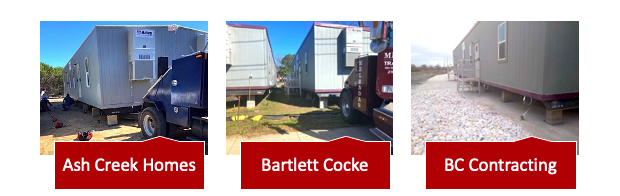 Three side-by-side images of the following Aries’ construction trailer projects: Ash Creek Homes, Bartlett Cocke, and BC Contracting.