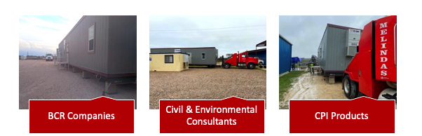 Three side-by-side images of the following Aries’ construction trailer projects: BCR Companies, Civil & Environmental Consultants, and CPI Products.