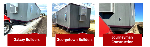 Three side-by-side images of the following Aries’ construction trailer projects: Galaxy Builders, Georgetown Builders, and Journeyman Construction.