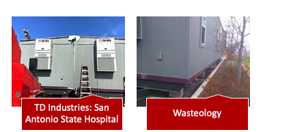 Two side-by-side images of the following Aries’ construction trailer projects: TD Industries: San Antonio State Hospital and Wasteology.