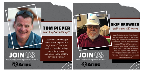 Two side-by-side images of happy Aries employees; Tom Pieper, Inventory Sales Manager, and Skip Browder, Vice president of Estimating