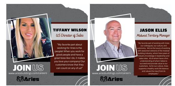 Two side-by-side images of happy Aries employees; Tiffany Wilson, US Director of Sales, and Jason Ellis, Midwest Territory Manager