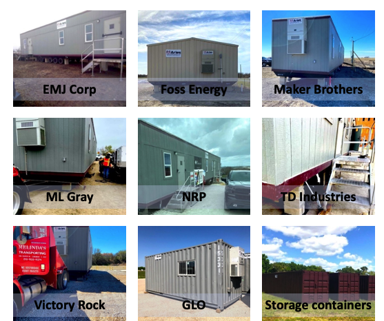 : A collage of photos showing modular buildings, GLOs, and storage containers set up by Aries for EMJ Corp, Foss Energy, Maker Brothers, ML Gray, NRP, TD Industries, and Victory Rock. 
