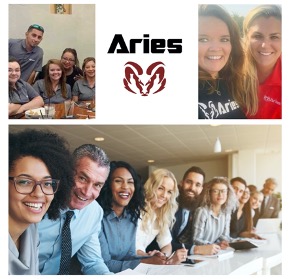 A collage including three photos of smiling Aries’ team members working together arranged around the official Aries burgundy “ram head” logo in the top center of the collage.